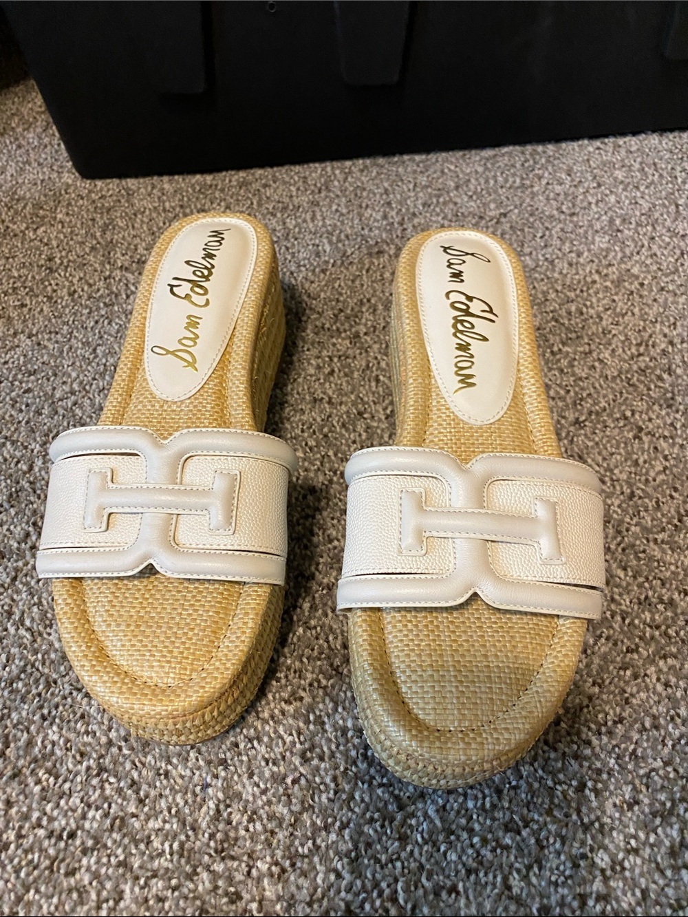 Sam Edelman White Leather Raffia Platform Slides - Picture 2 of 10